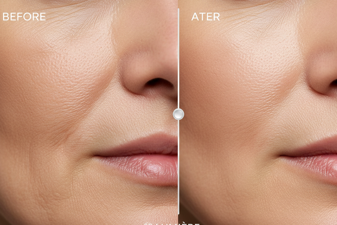 before and after slider of wrinkly skin that has changed to soft skin
